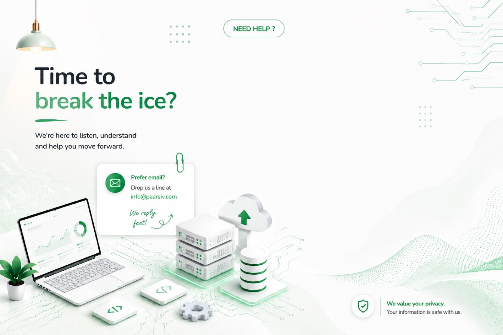 Paarsiv Technologies contact illustration with laptop, servers and cloud